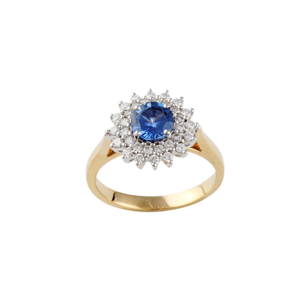 9ct yellow gold sapphire and diamond cluster ring.
