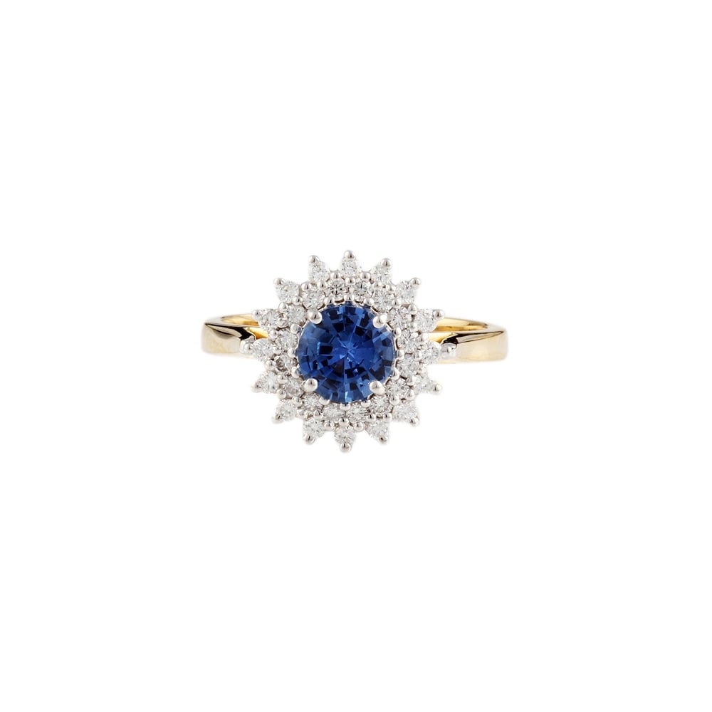 9ct yellow gold sapphire and diamond cluster ring.