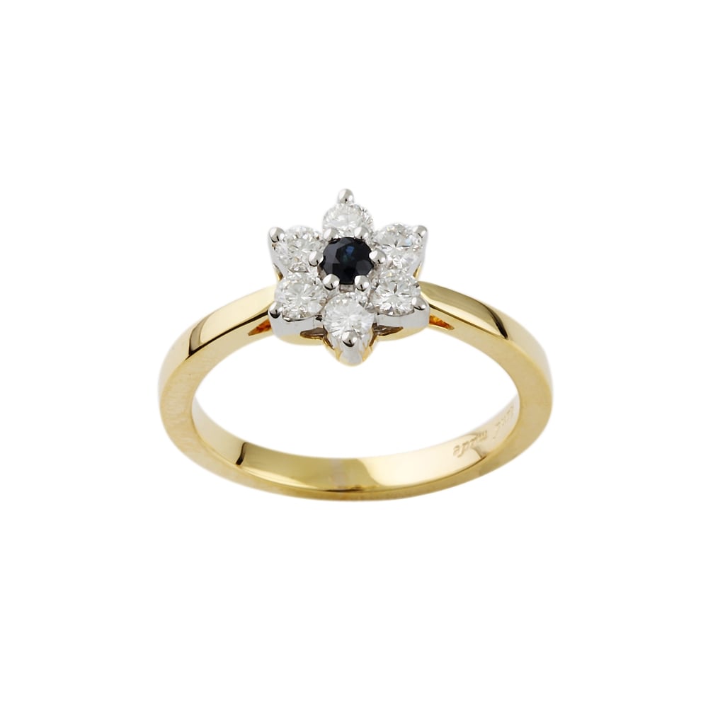 9ct yellow gold sapphire and diamond cluster ring.
