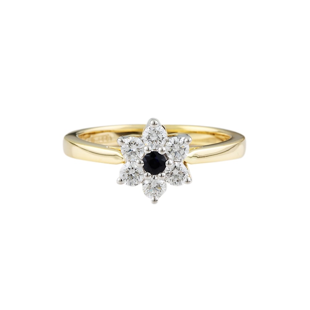 9ct yellow gold sapphire and diamond cluster ring.