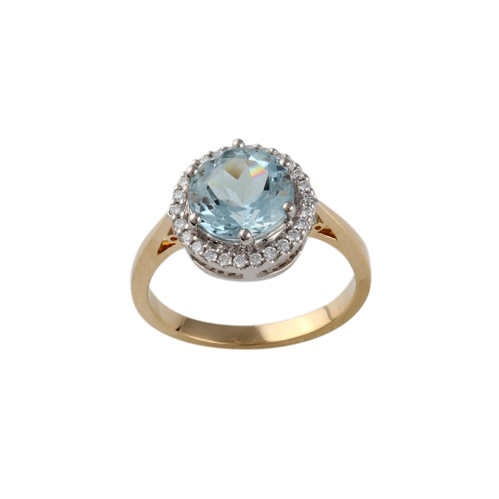 9ct yellow and white gold aquamarine and diamond cluster ring
