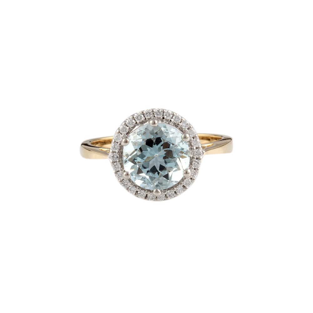 9ct yellow and white gold aquamarine and diamond cluster ring