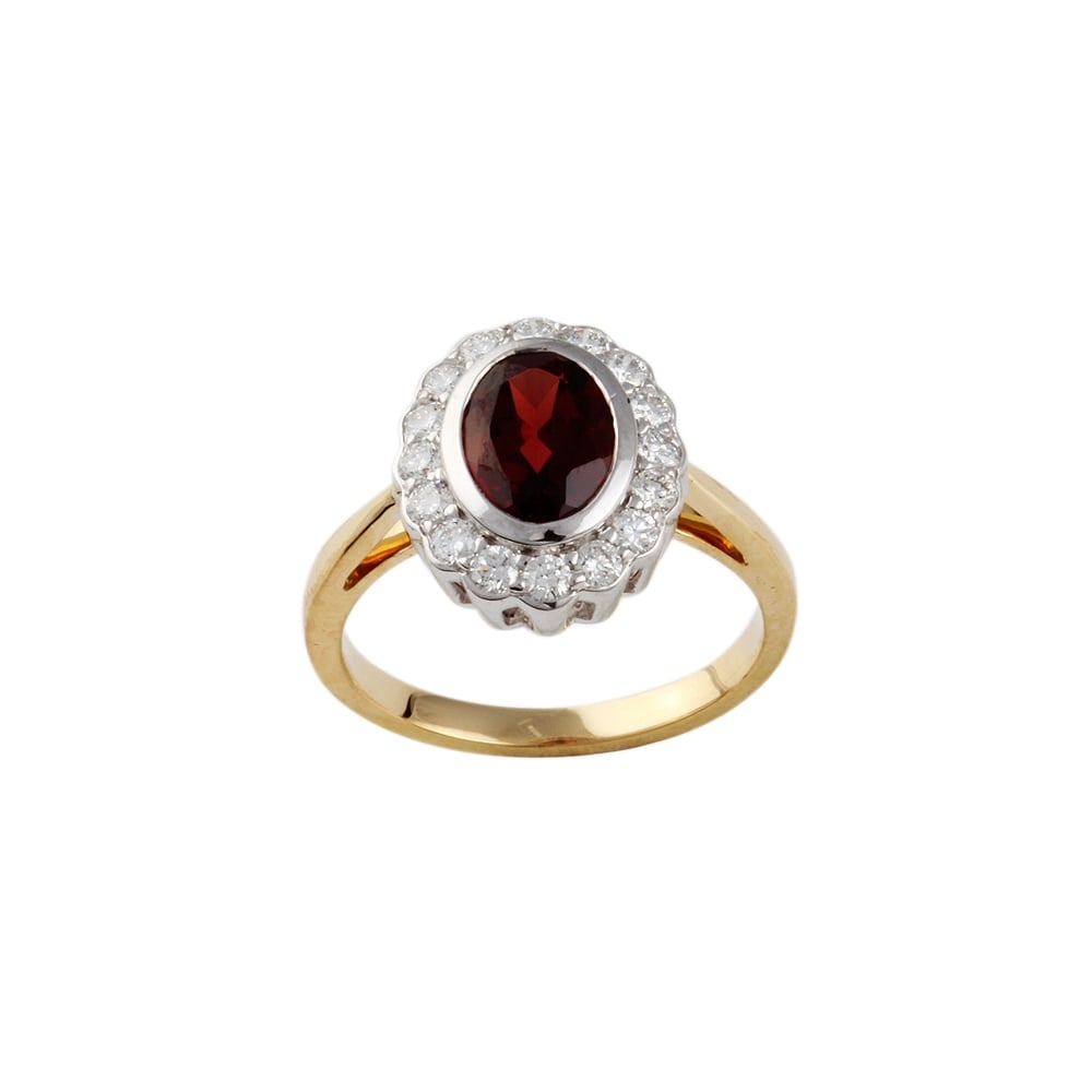 9ct yellow and white gold garnet and diamond cluster ring