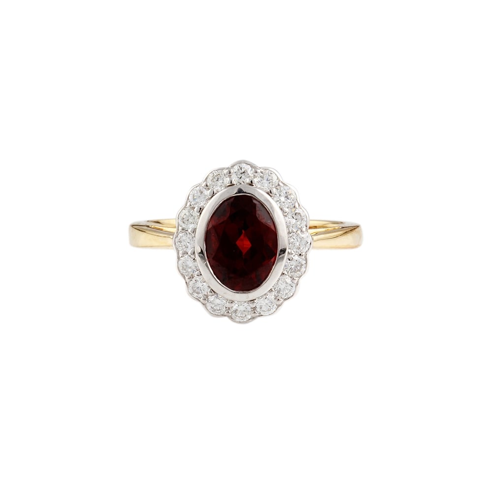 9ct yellow and white gold garnet and diamond cluster ring