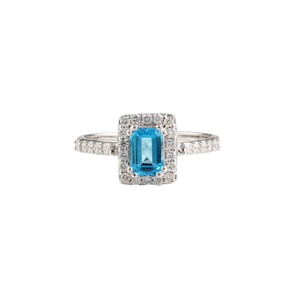 9ct white gold blue topaz and diamond cluster ring