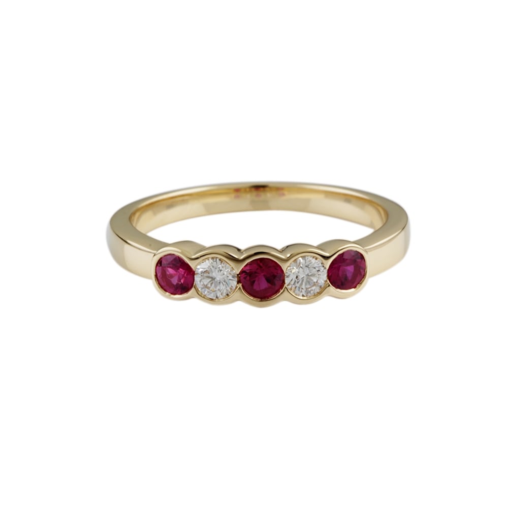9ct yellow gold ruby and diamond half eternity ring