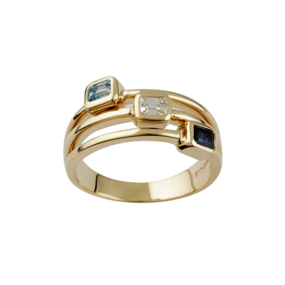 9ct Yellow Gold, Blue Topaz,0.30ct Sapphire 0.30ct and Diamond Ring 0.22ct