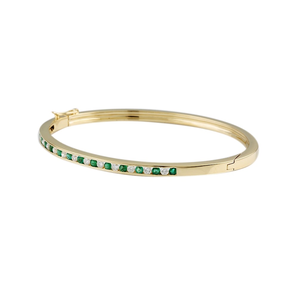 9ct Yellow Gold Channel Set Hinged Emerald 0.59ct and Diamond 0.51ct Bangle