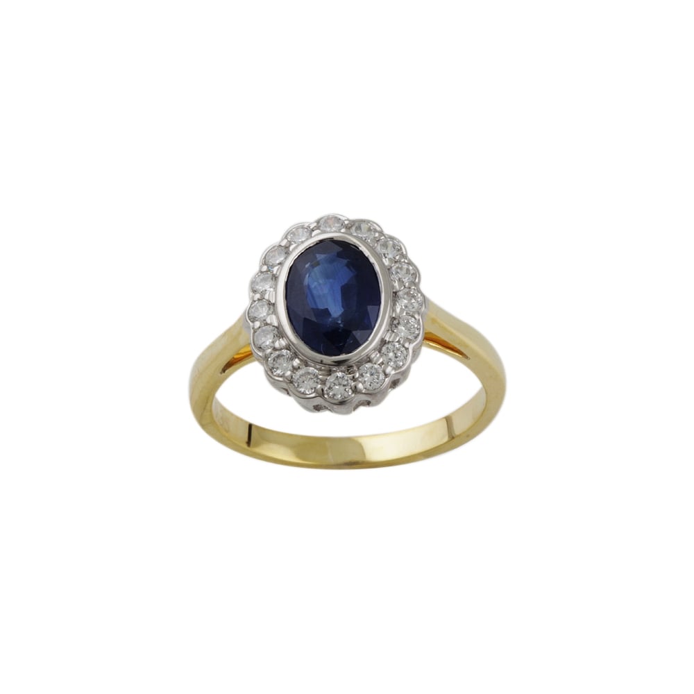 yellow and white gold Sapphire and diamond cluster ring
