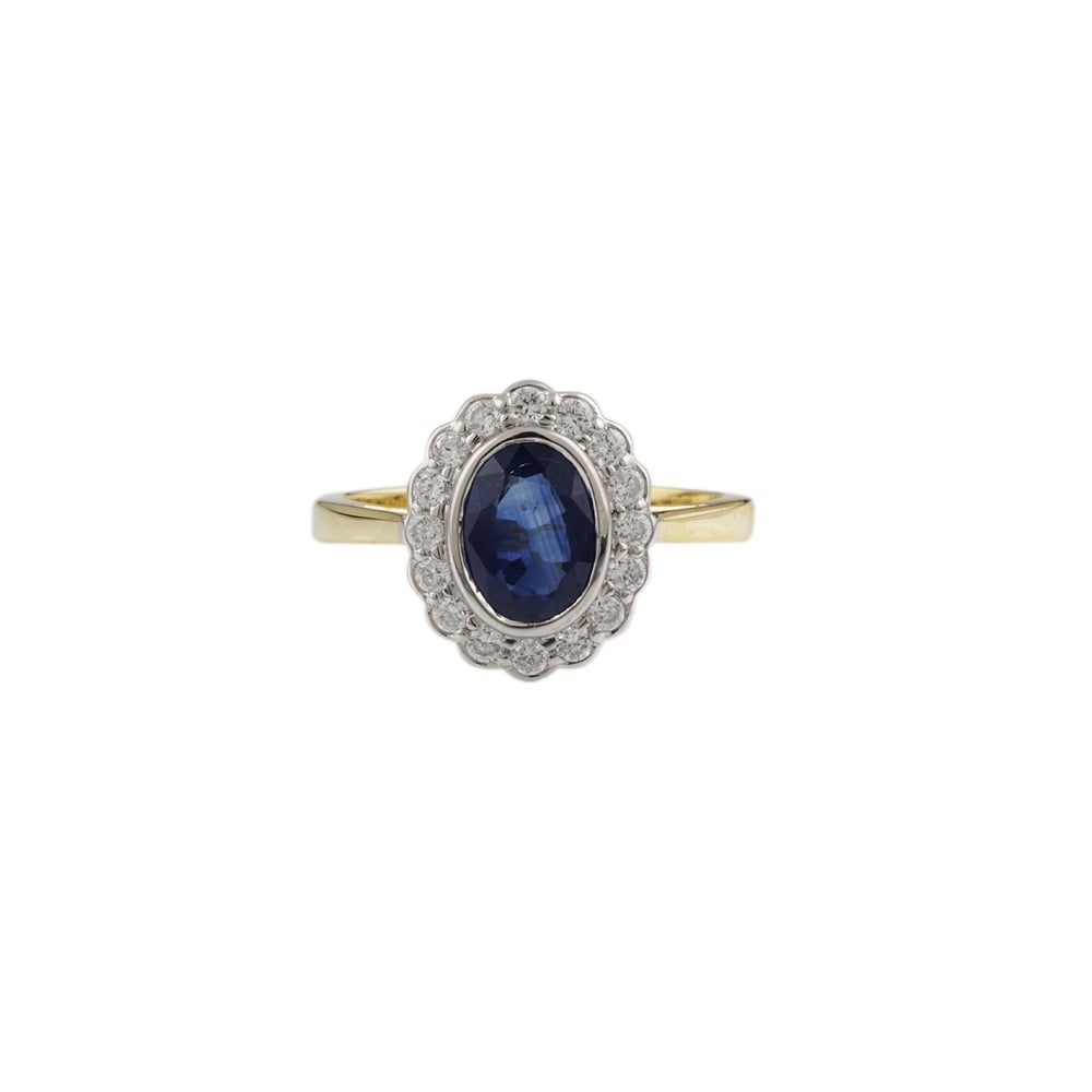 yellow and white gold Sapphire and diamond cluster ring