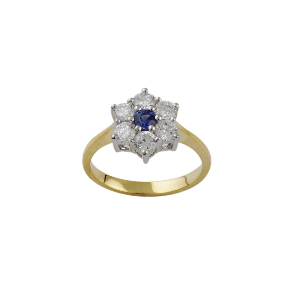 yellow and white gold sapphire and diamond cluster ring
