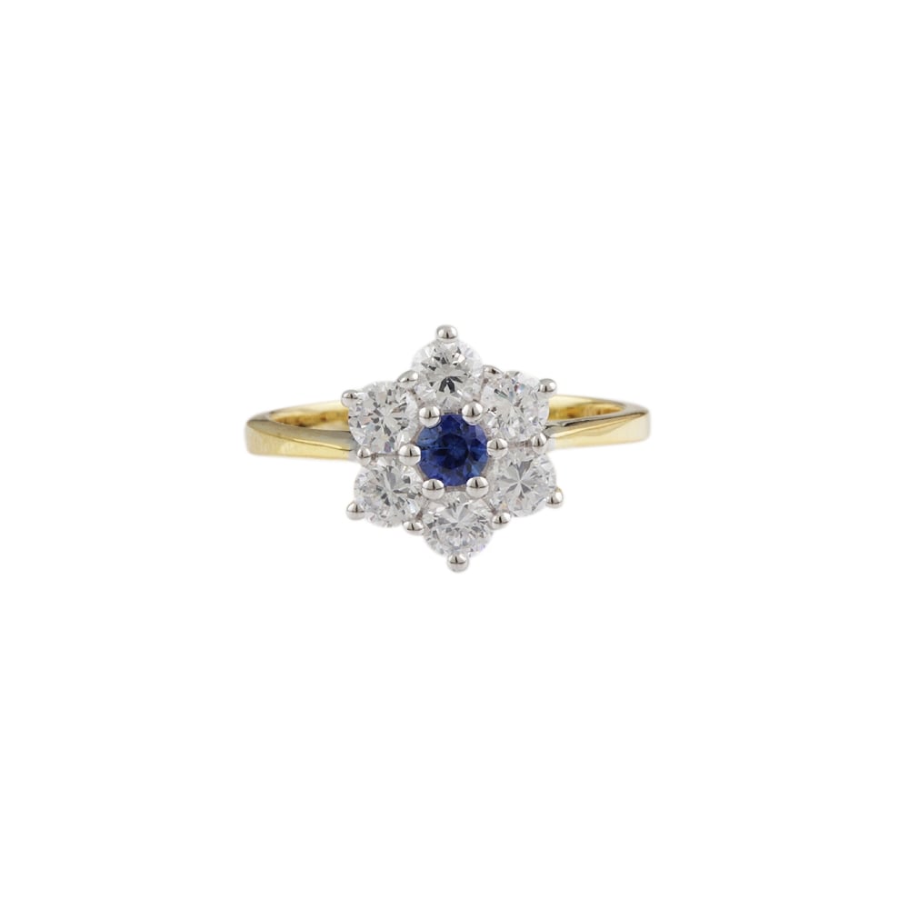 yellow and white gold sapphire and diamond cluster ring