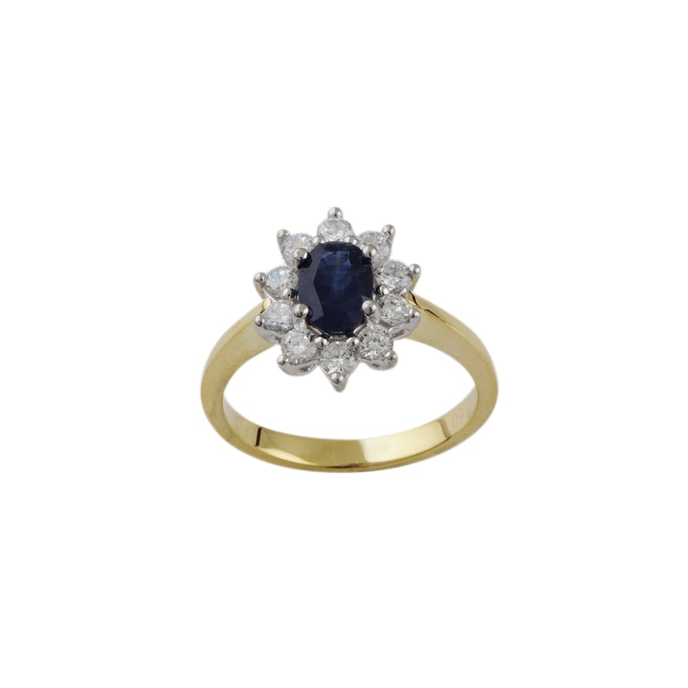 yellow and white gold sapphire and diamond cluster ring