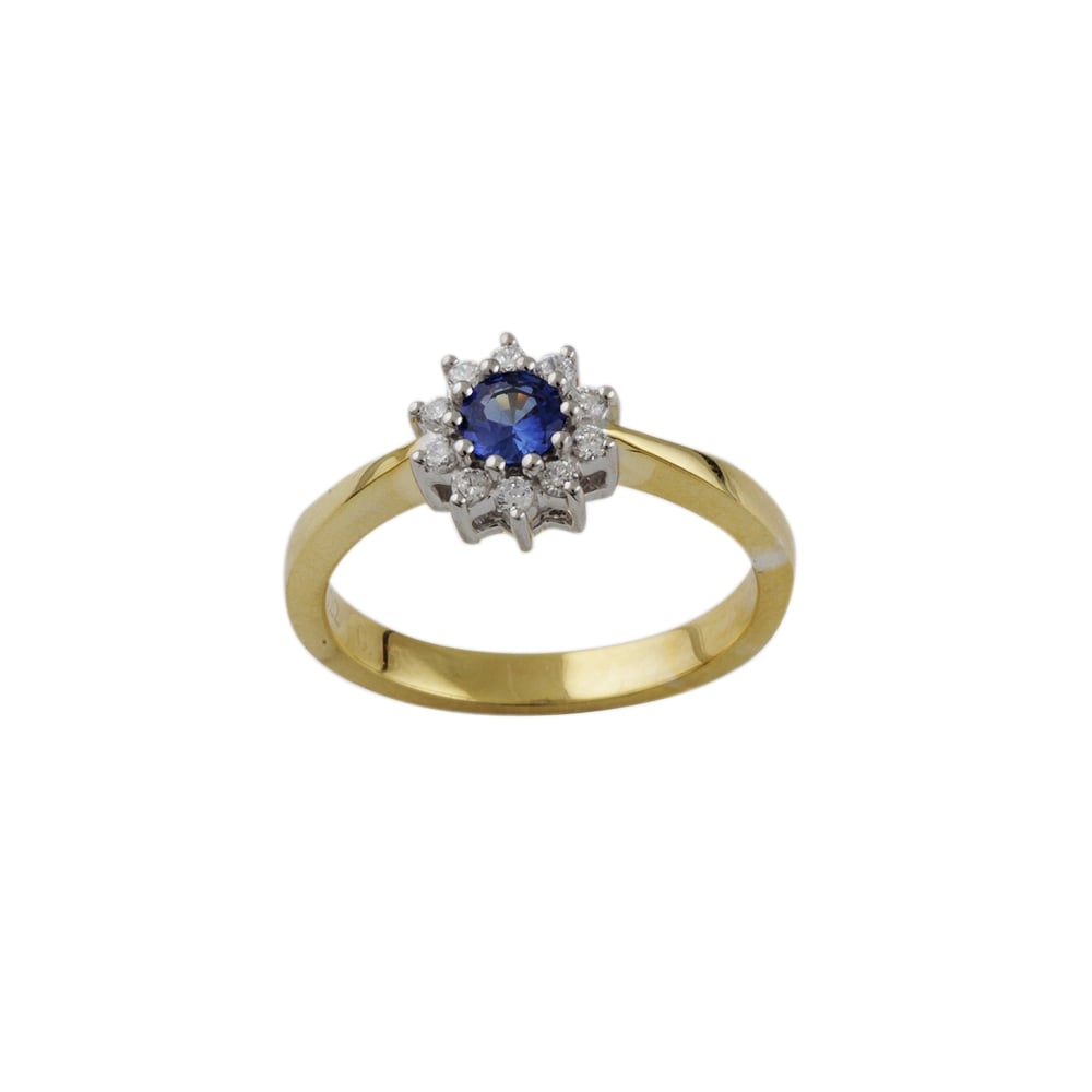 yellow and white gold Sapphire and diamond cluster ring