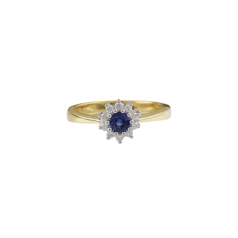 yellow and white gold Sapphire and diamond cluster ring