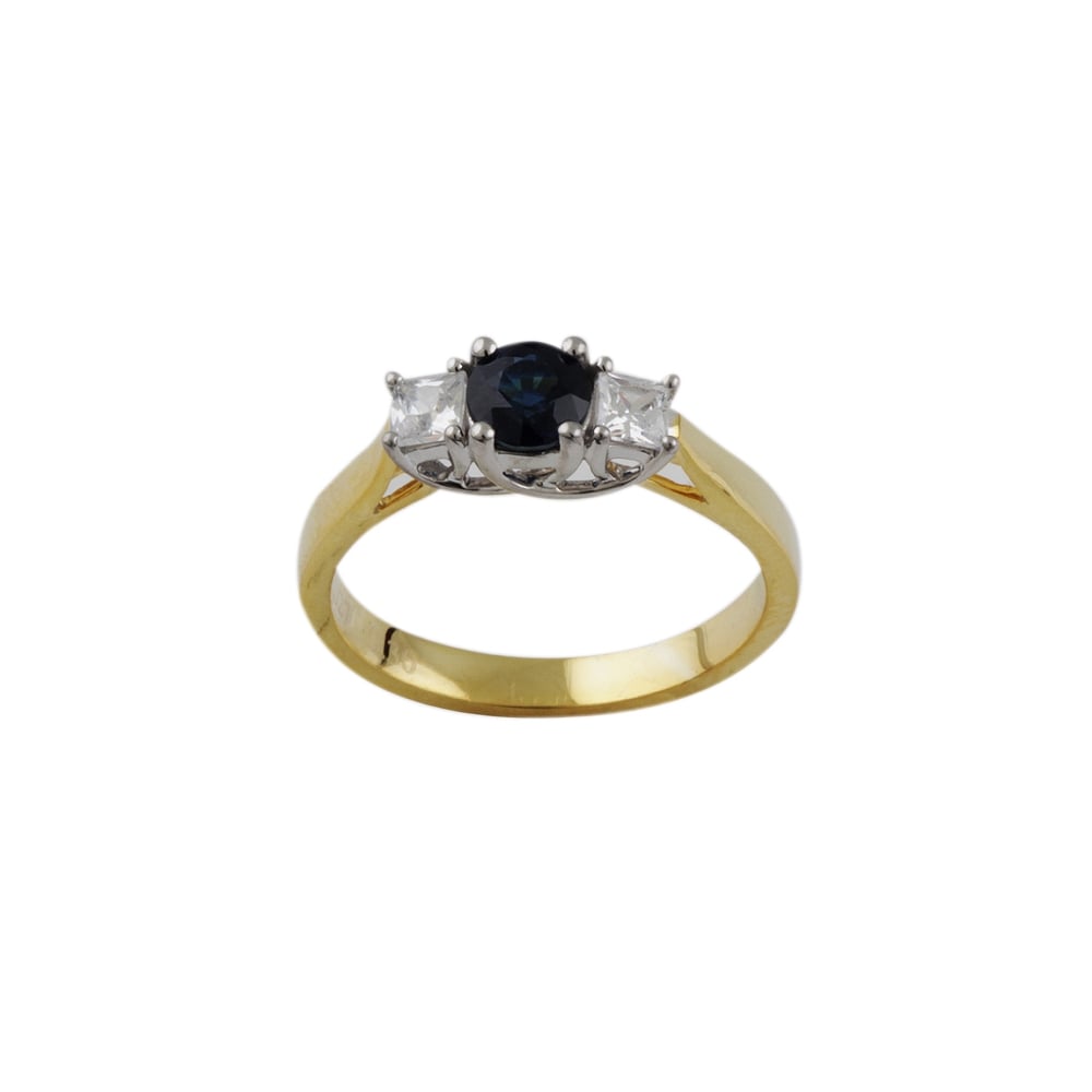 yellow and white gold Sapphire and Diamond three stone ring