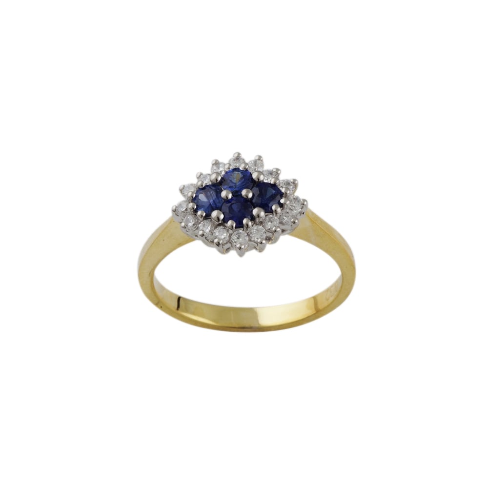 yellow and white gold Sapphire and Diamond cluster ring