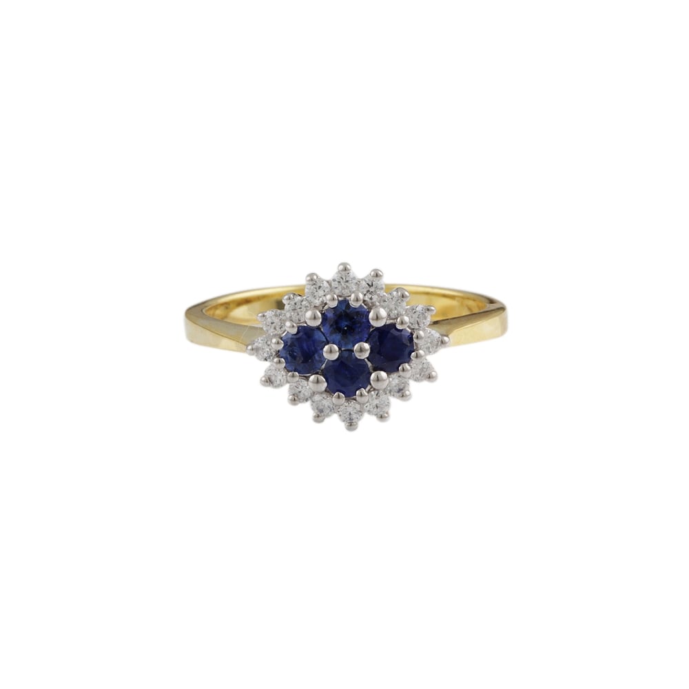 yellow and white gold Sapphire and Diamond cluster ring