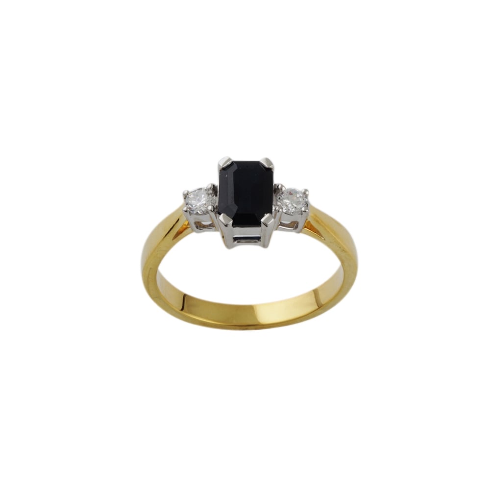yellow and white gold sapphire and diamond three stone ring