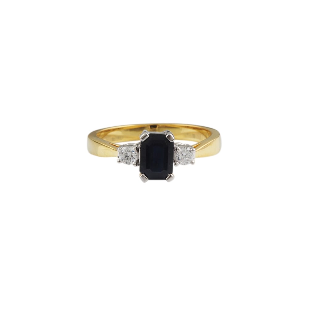 yellow and white gold sapphire and diamond three stone ring