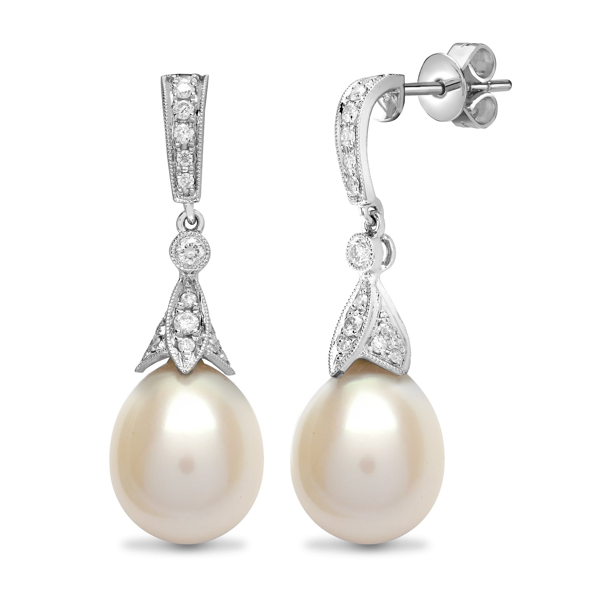 18ct White Gold 50pt Diamond & Pearl Drop Earrings