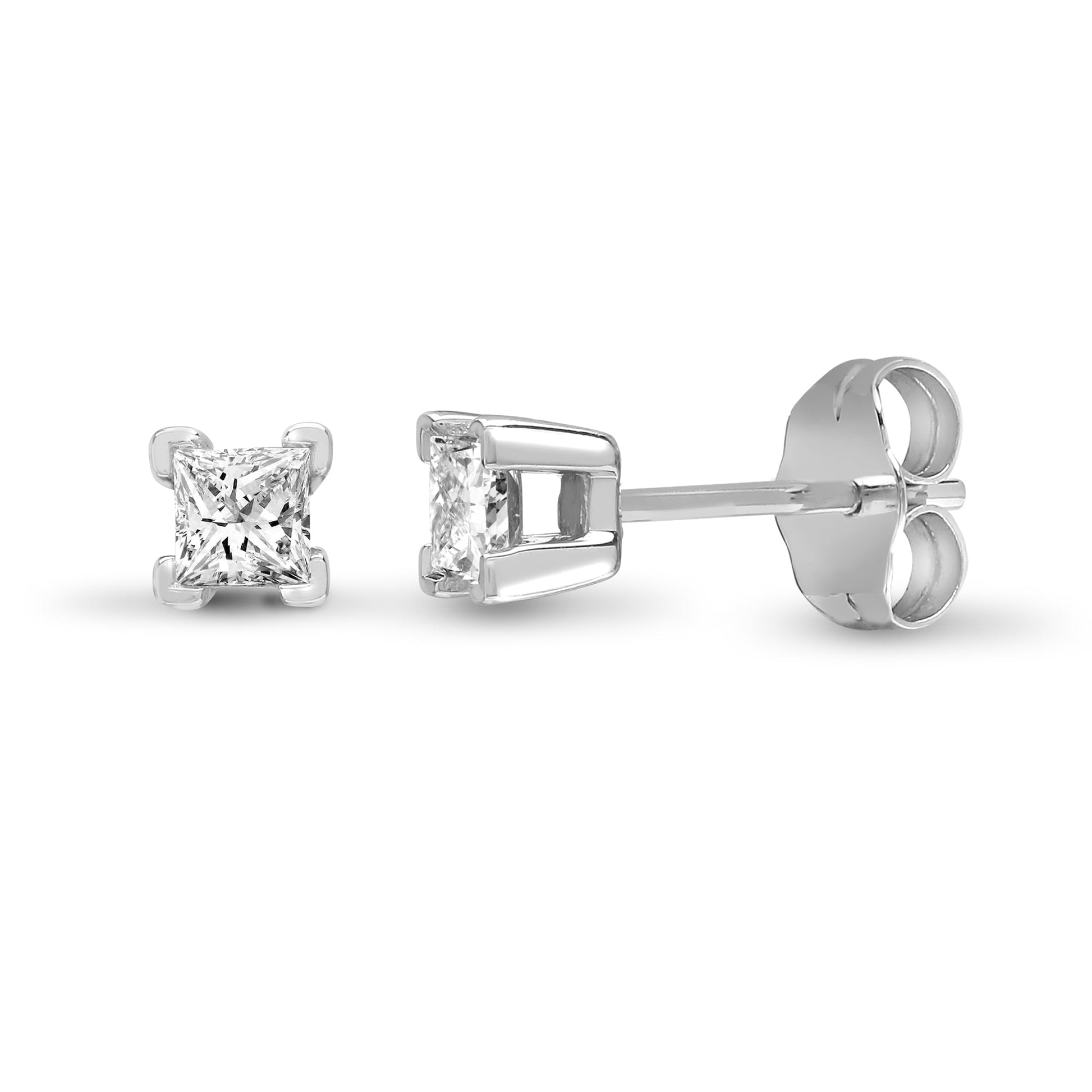 18ct White Gold 25pt Princess Cut 4 Claw Diamond Stud Earring