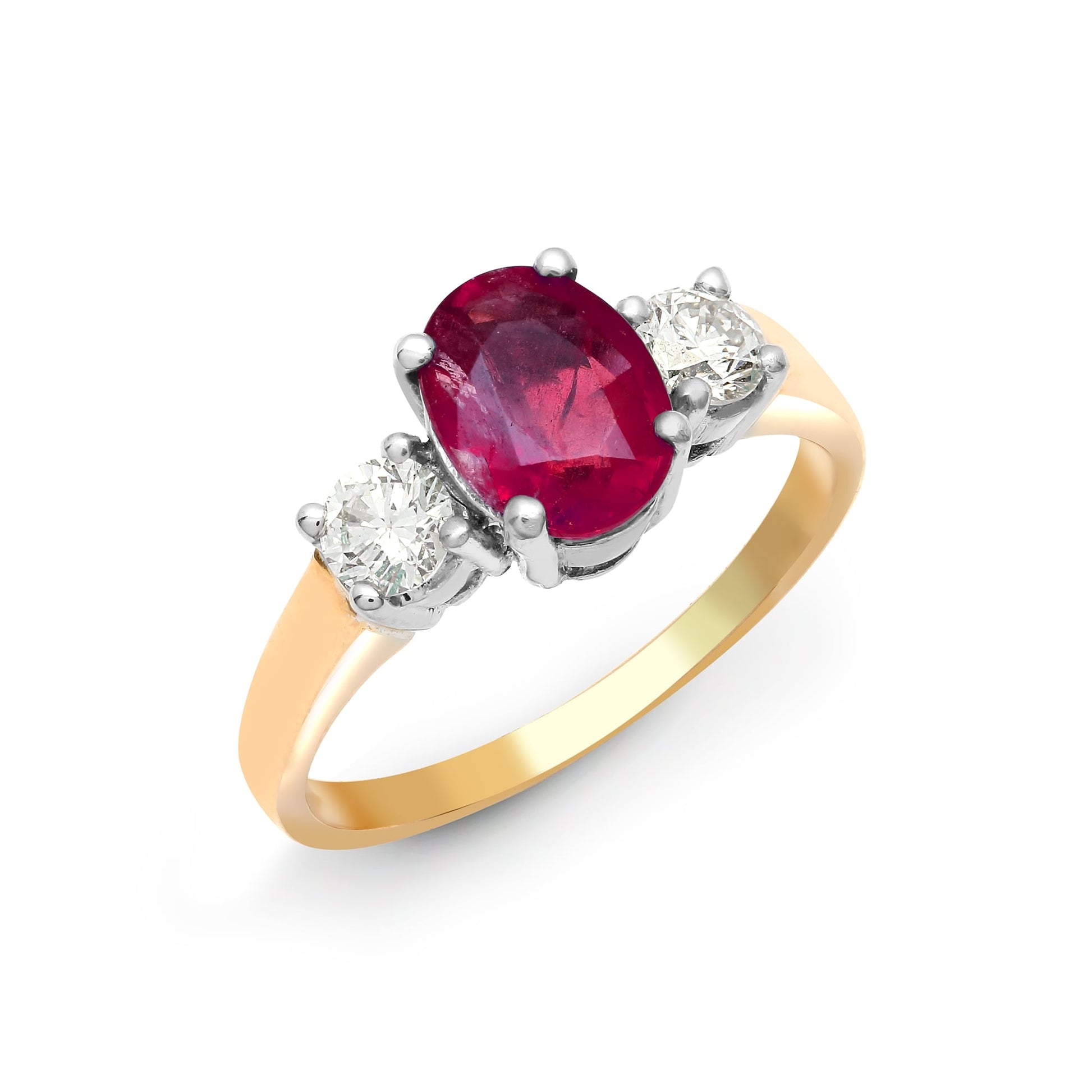 18ct Yellow 3 Stone Diamond-48pt Ruby-1.70ct Ring