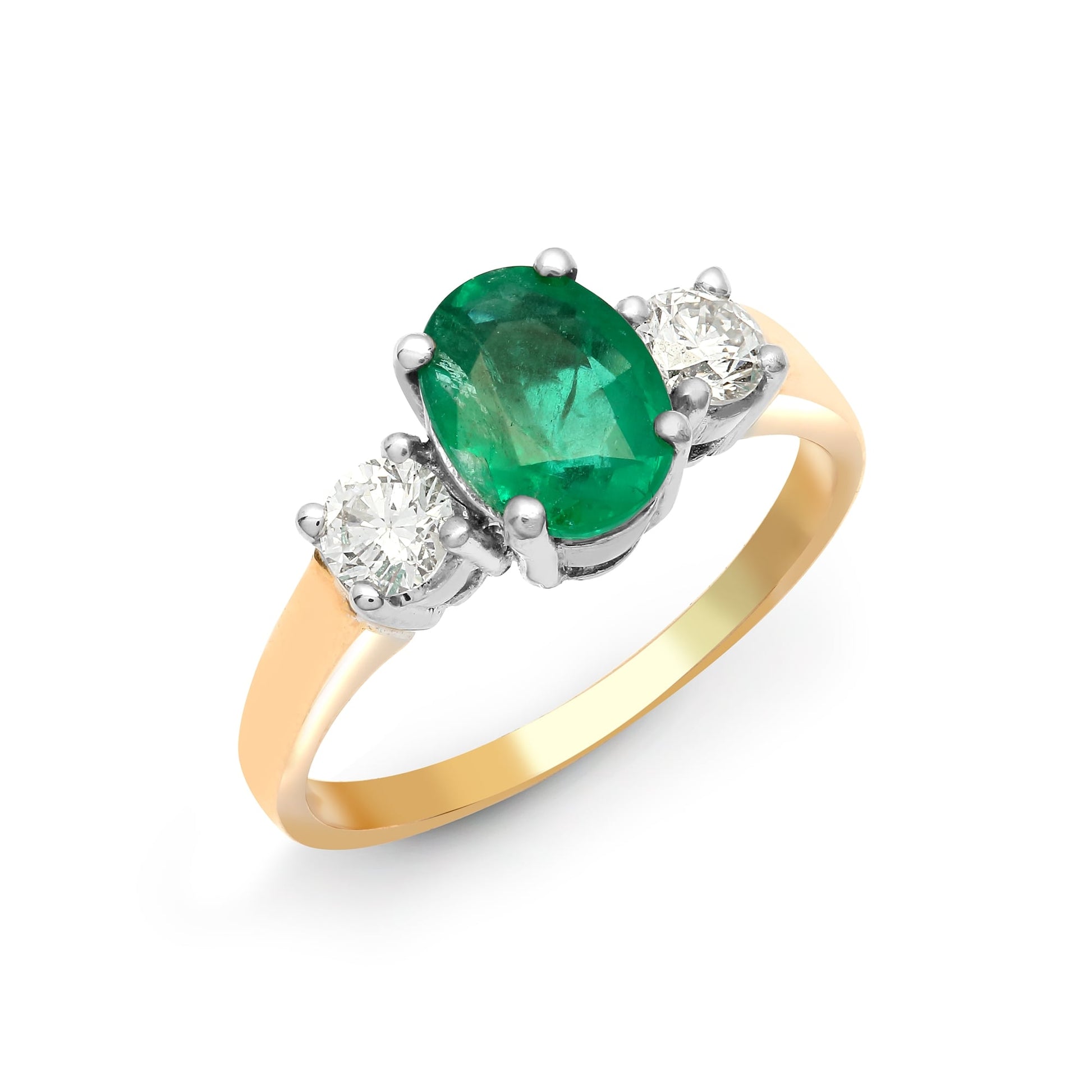 18ct Yellow 3 Stone Diamond-48pt Emerald-1.20ct Ring