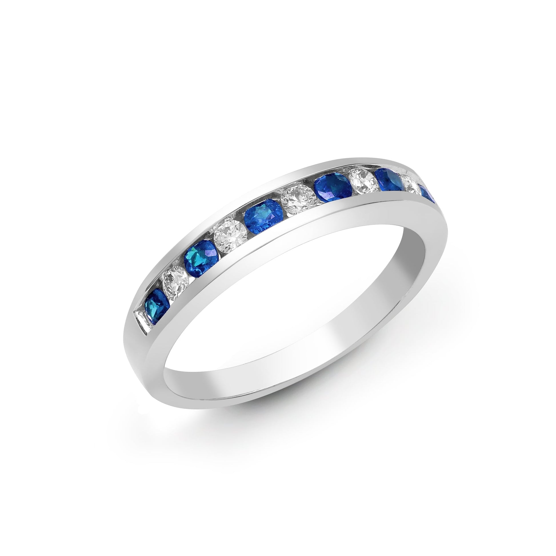 18ct White Gold Diamond-18pts Sapphire-36pts Channel Set 1/2 Eternity Ring