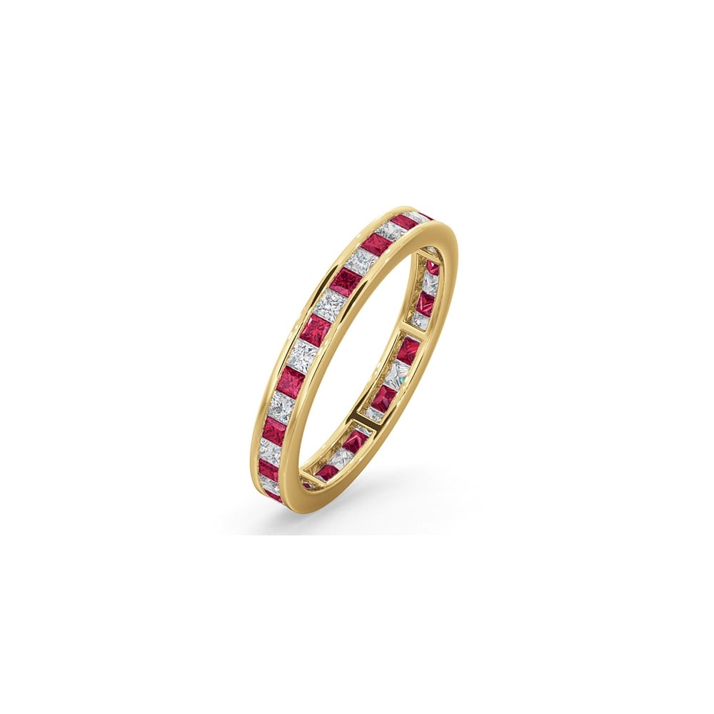 18ct Yellow Gold Channel Set Princess Cut Full Eternity Ring Diamond 0.50ct Ruby 0.60ct H Si