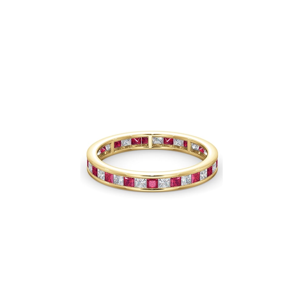 18ct Yellow Gold Channel Set Princess Cut Full Eternity Ring Diamond 0.50ct Ruby 0.60ct H Si