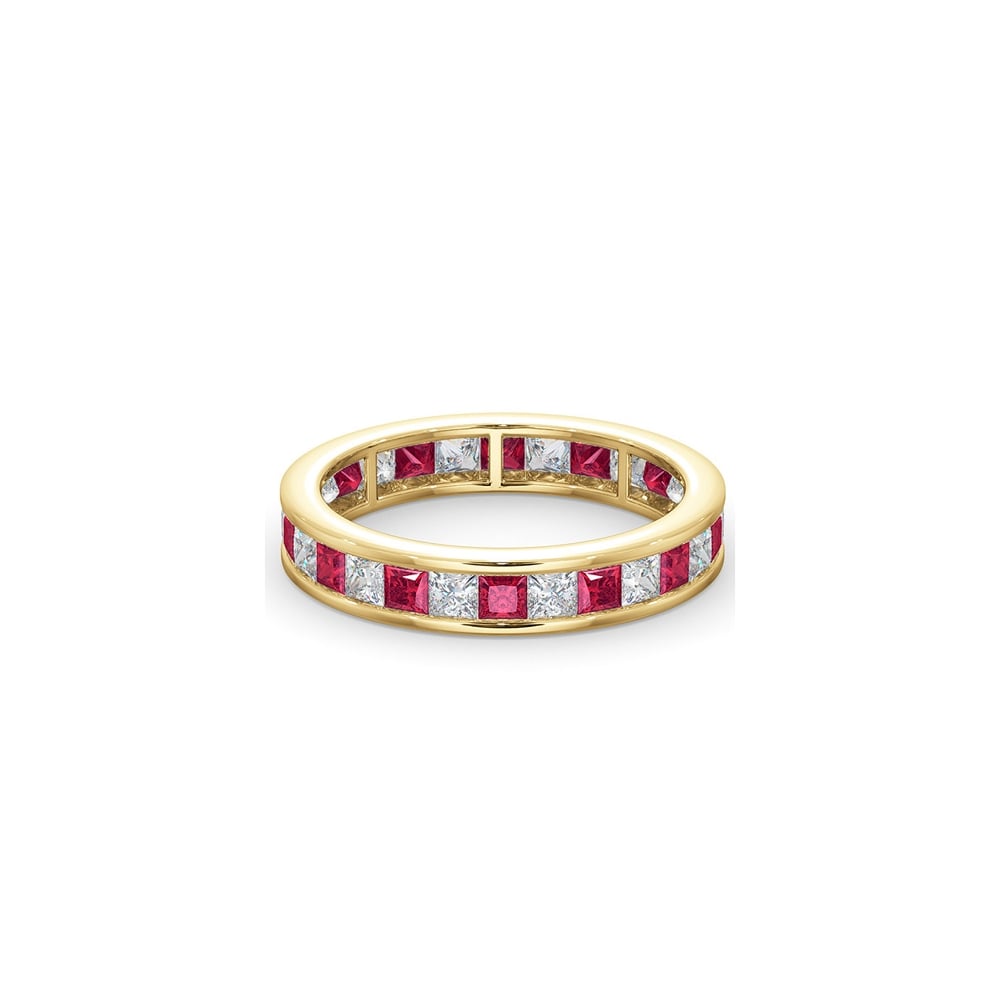 18ct Yellow Gold Channel Set Princess Cut Full Eternity Ring Diamond 1.00ct Ruby 1.25ct GVS