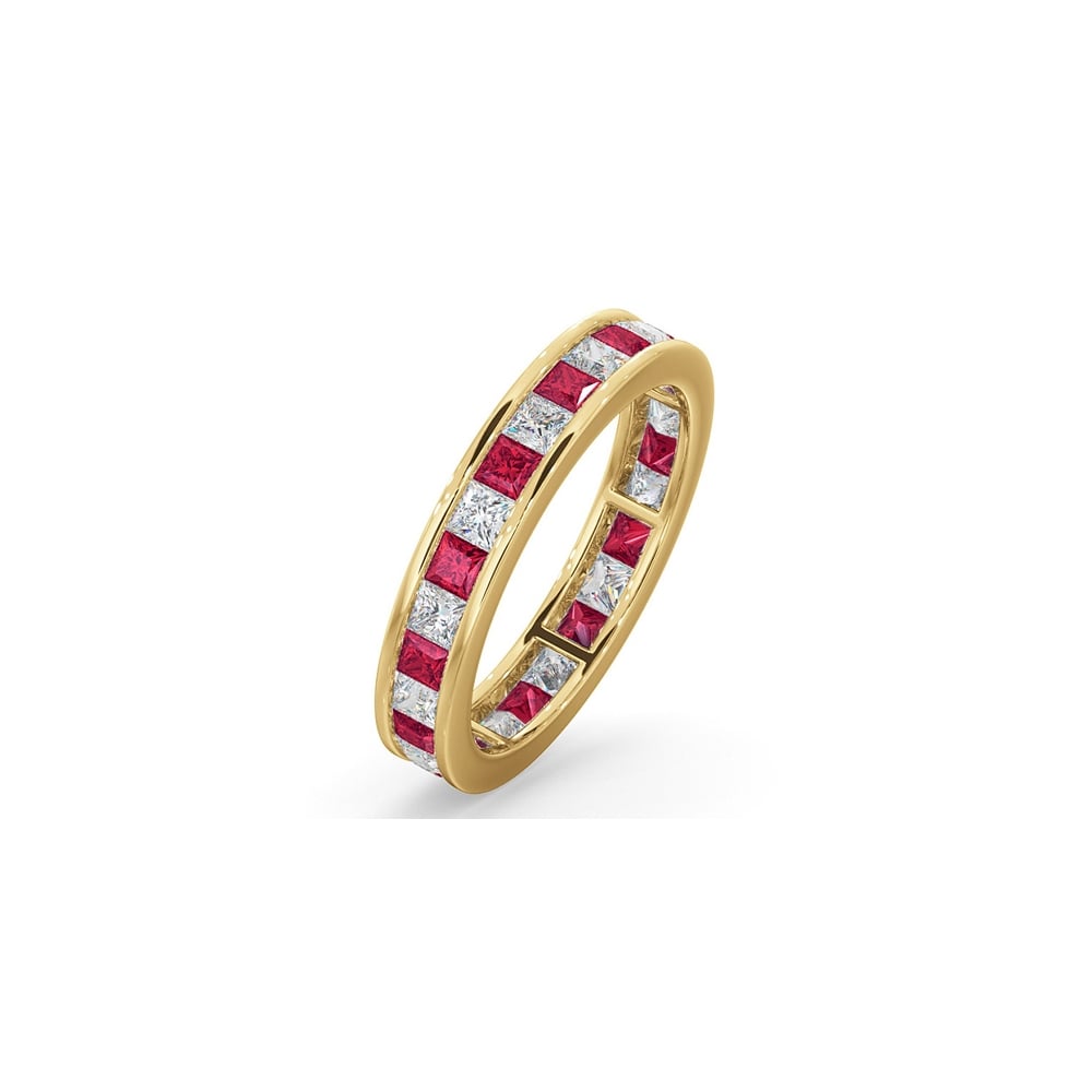 18ct Yellow Gold Channel Set Princess Cut Full Eternity Ring Diamond 1.00ct Ruby 1.25ct H Si