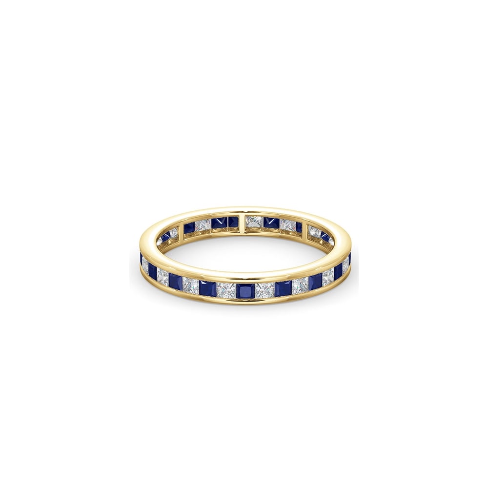 18ct Yellow Gold Channel Set Princess Cut Full Eternity Ring Diamond 0.50ct Saph 0.70ct G VS