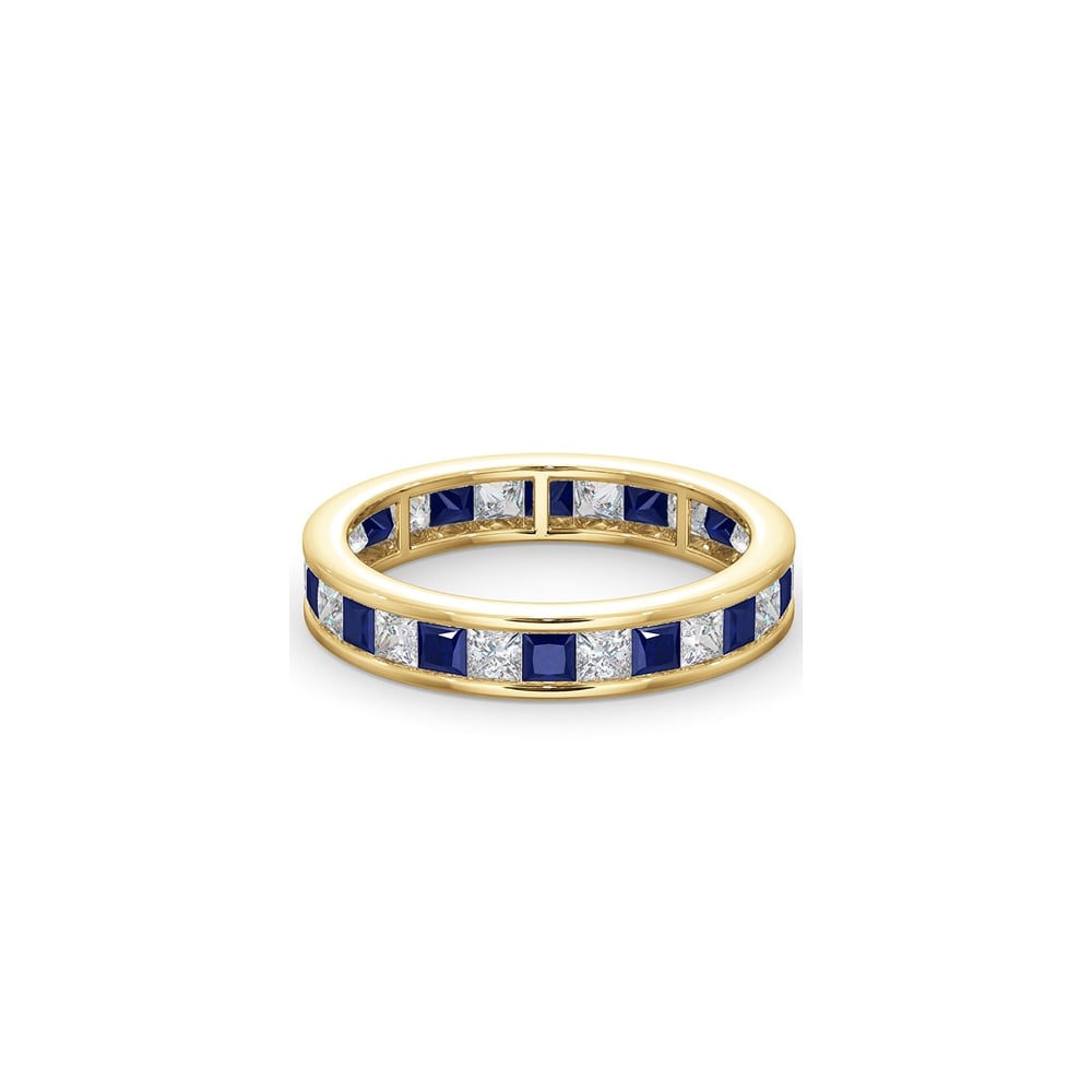 18ct Yellow Gold Channel Set Princess Cut Full Eternity Ring Diamond 1.00ct Saph 1.30ct H Si