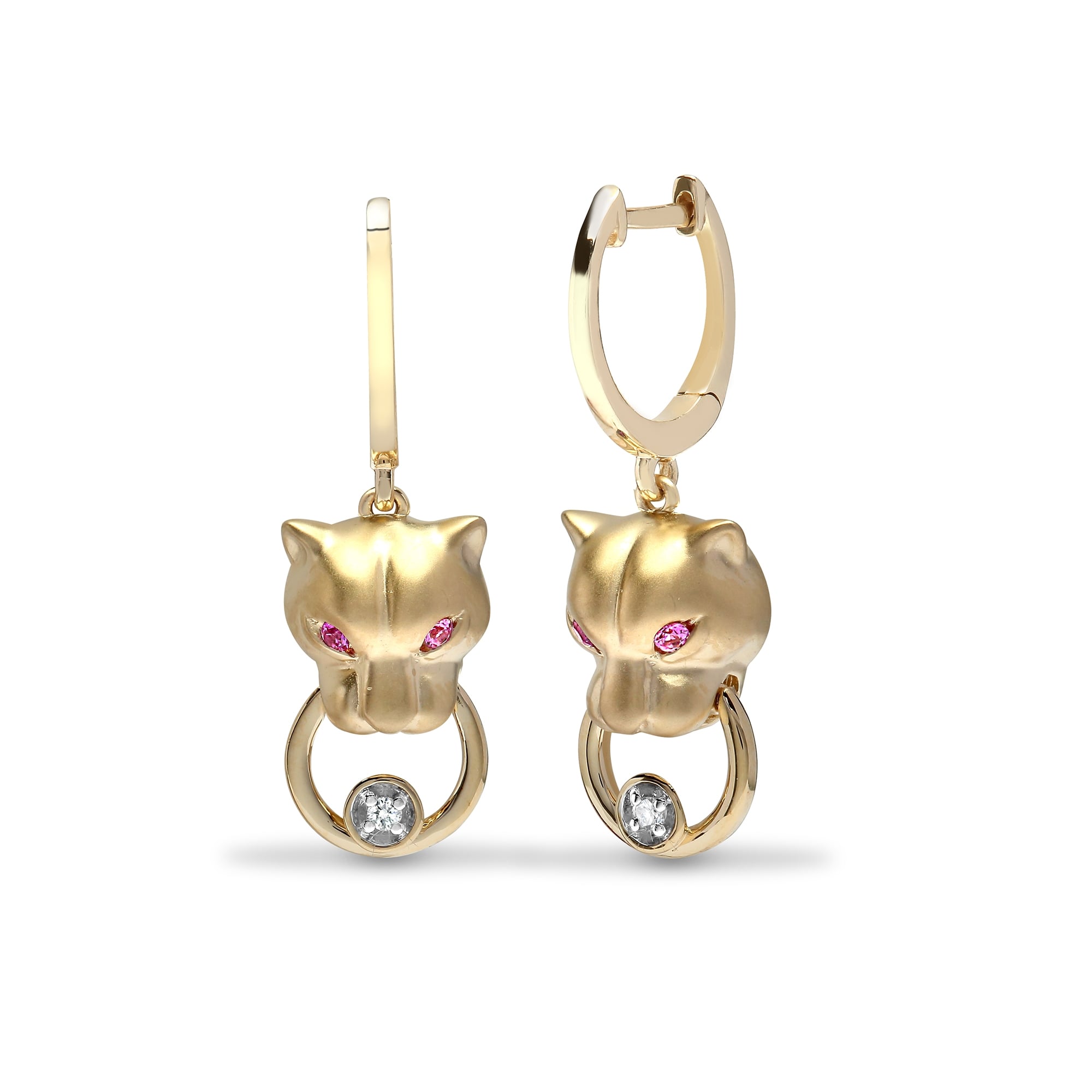 9ct Yellow Diamond-4pts Pink Sapphire-6pts Panther Earrings