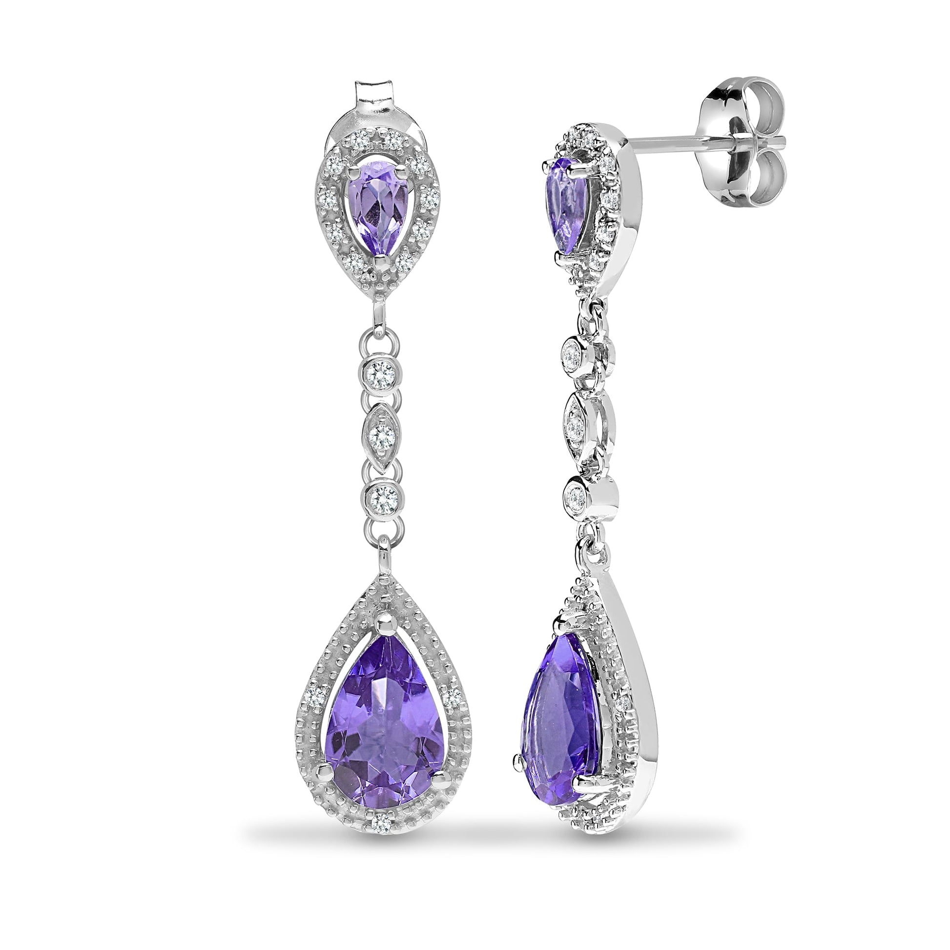 9ct White Diamond-19pts Amethyst-2.90ct Drop Earrings