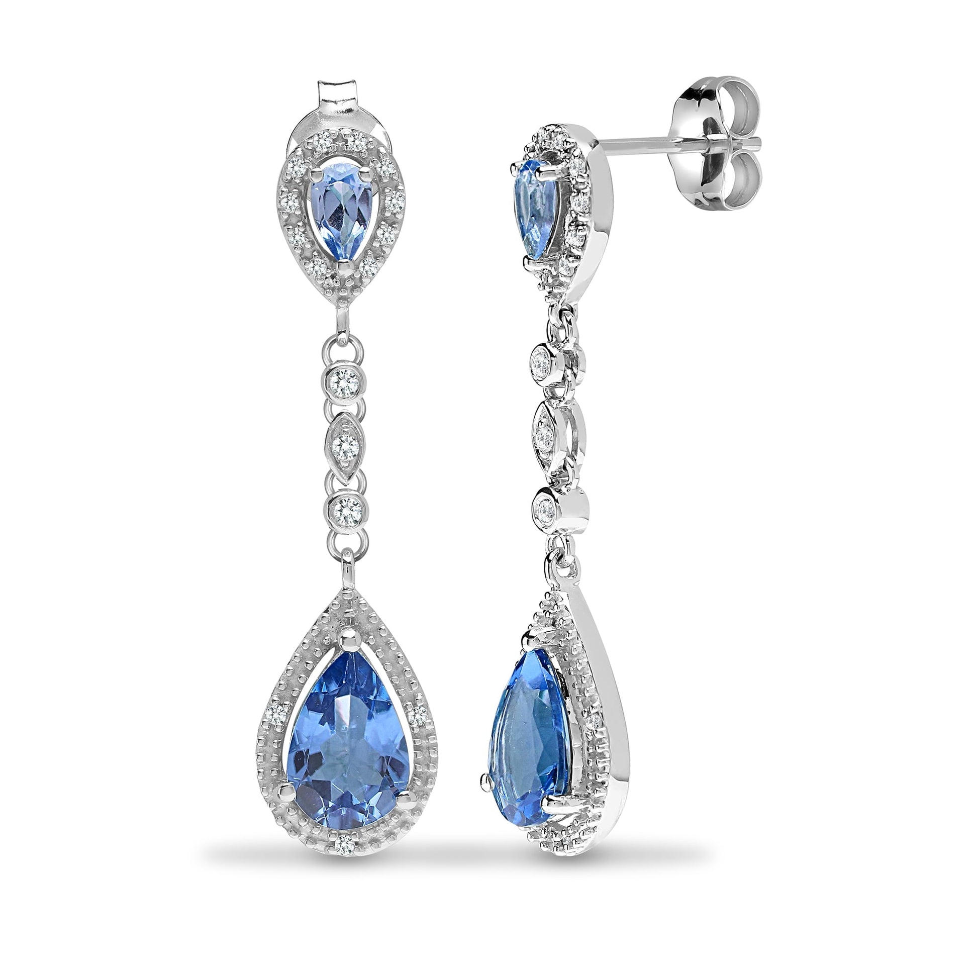 9ct White Diamond-19pts Blue Topaz-3.50ct Drop Earrings