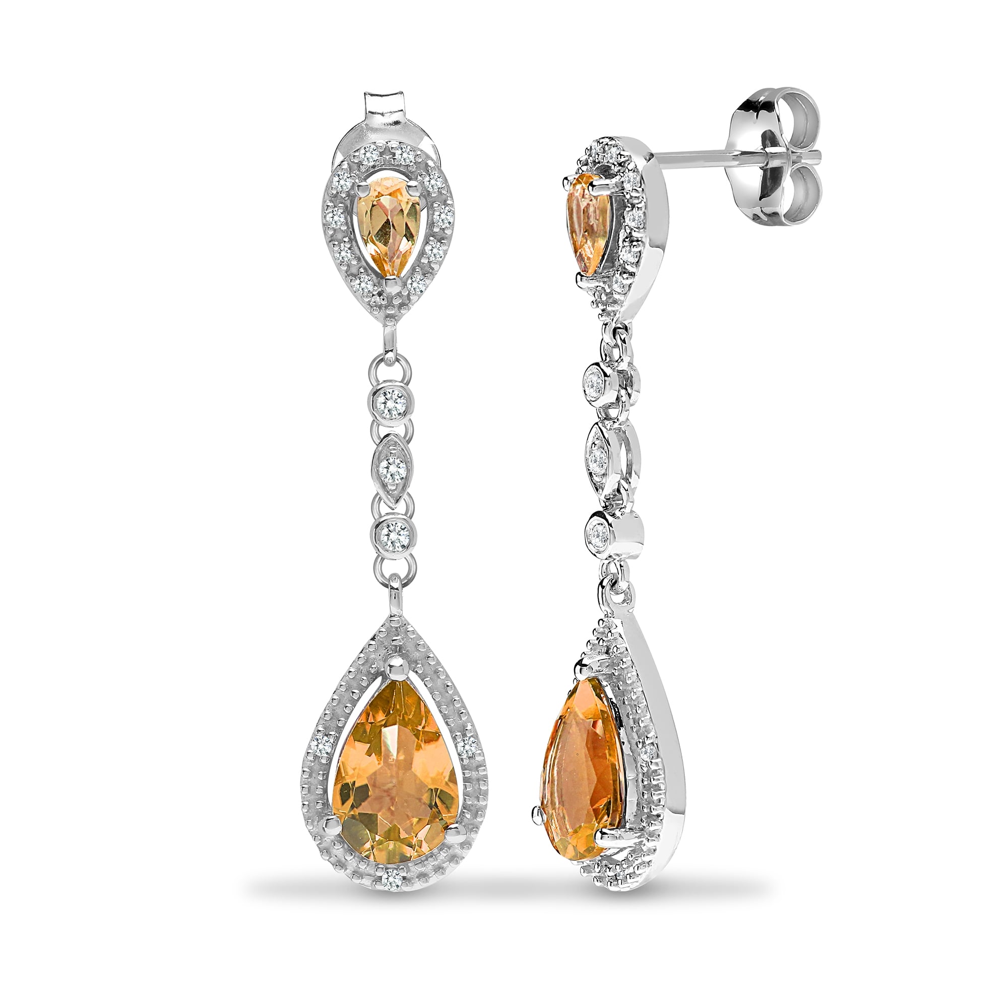 9ct White Diamond-19pts Citrine-2.90ct Drop Earrings