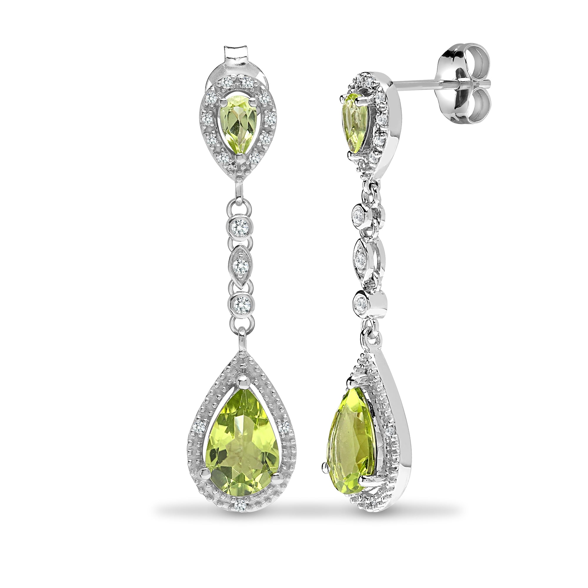 9ct White Diamond-19pts Peridot-2.90ct Drop Earrings