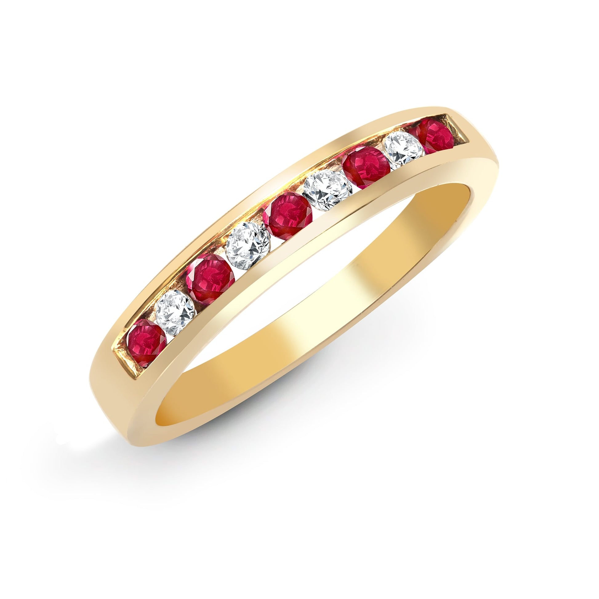 9ct Yellow Gold Diamond 14pts Ruby-26pts Channel Set 1/2 ET Ring