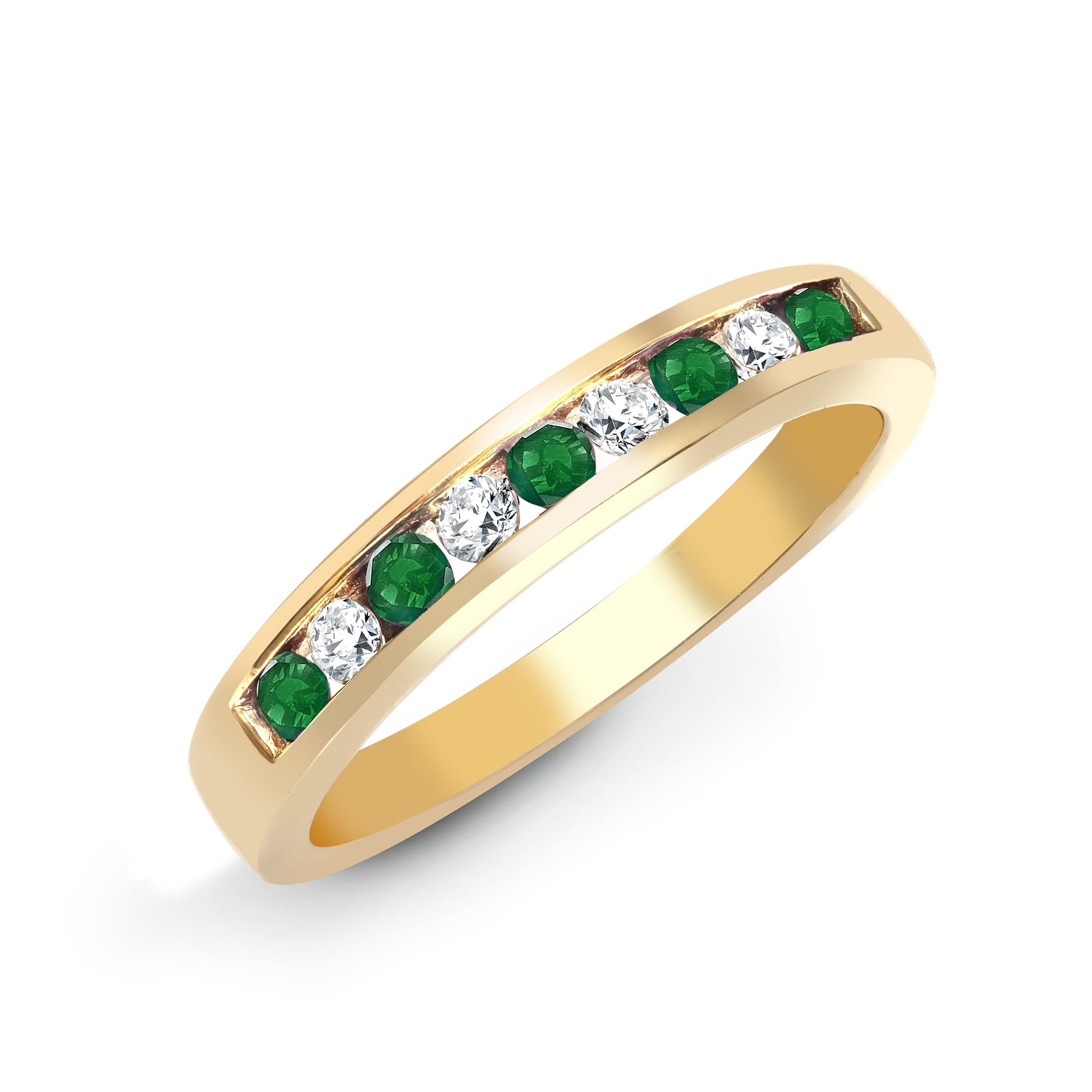 9ct Yellow Gold Diamond-14pts Emerald-26pts Channel Set 1/2 ET Ring
