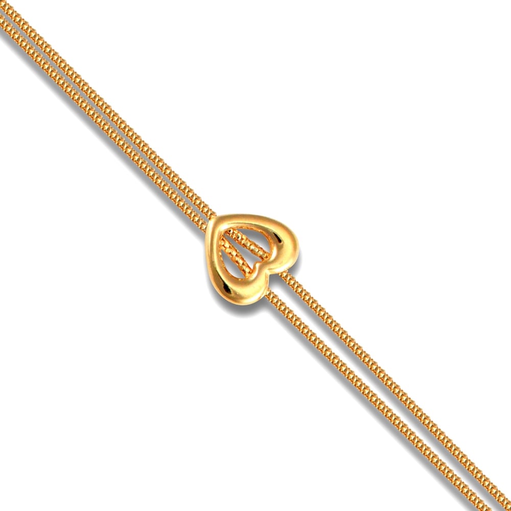 Ladies 9ct Yellow Gold Heart Charm Double 1.3mm Gauge Bracelet