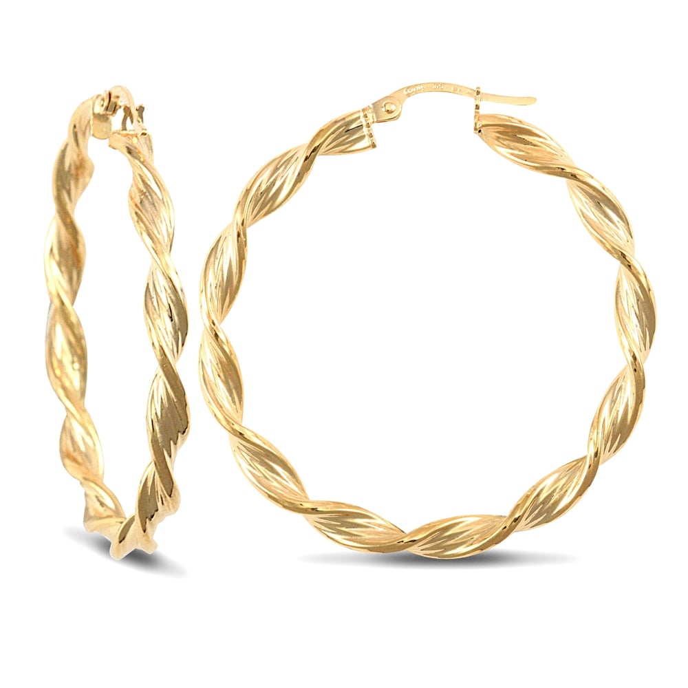 Ladies 9ct Yellow Gold Barked Platted Candy Twist 3.5mm Hoop Earrings 37mm