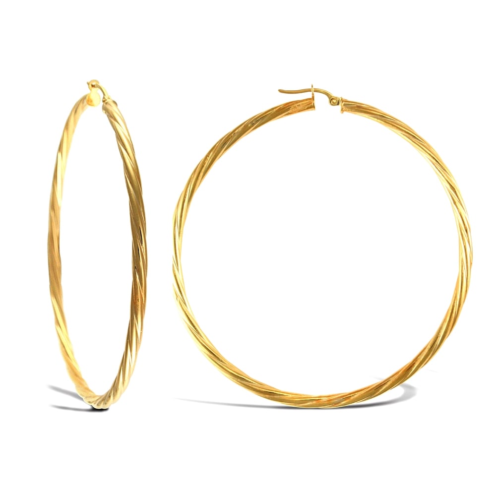 Ladies 9ct Yellow Gold Twisted 3mm Hoop Earrings 65mm