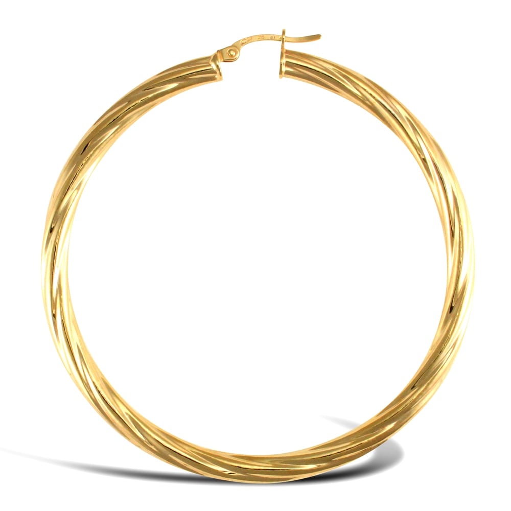 Ladies 9ct Yellow Gold Twisted 4mm Hoop Earrings 57mm