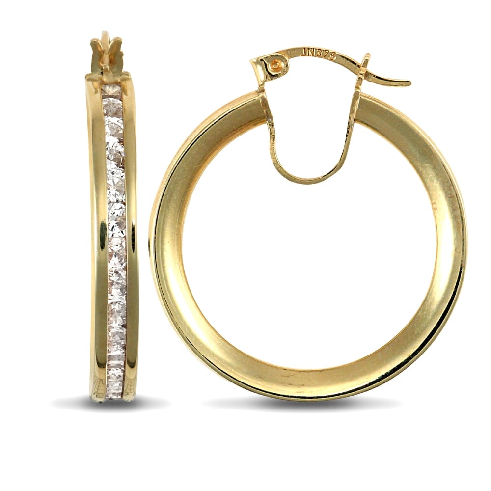 Ladies 9ct Yellow Gold White Round Brilliant Cubic Zirconia Eternity 4mm Hoop Earrings 22mm