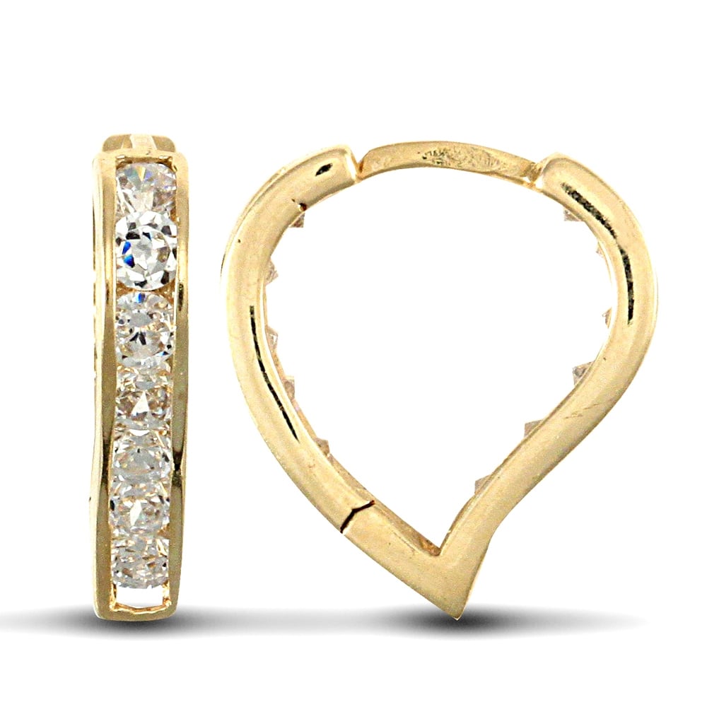 Ladies Solid 9ct Yellow Gold White Round Brilliant Cubic Zirconia Love Heart Huggie Earrings