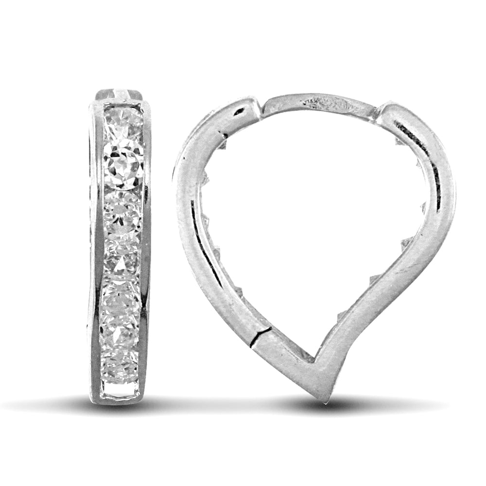 Ladies Solid 9ct White Gold White Round Brilliant Cubic Zirconia Love Heart Huggie Earrings