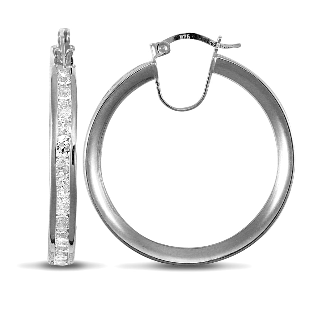 Ladies 9ct White Gold White Round Brilliant Cubic Zirconia Eternity 4mm Hoop Earrings 29mm